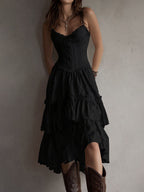 Retro Boho Corset Tiered Midi Dress With Lace-Trim