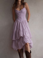 Retro Boho Corset Tiered Midi Dress With Lace-Trim
