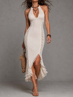 Vintage Bohemian Cream Ribbed Knit Lace Panel Halter Midi Dress