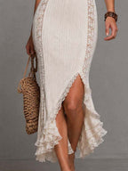 Vintage Bohemian Cream Ribbed Knit Lace Panel Halter Midi Dress