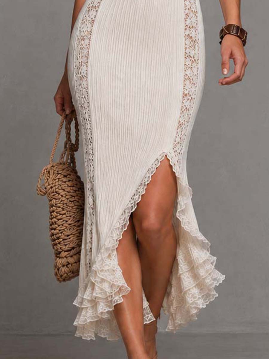 Vintage Bohemian Cream Ribbed Knit Lace Panel Halter Midi Dress