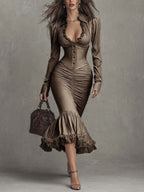 Dusty Mauve Lace-Trim Ruched Midi Dress