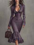 Dusty Mauve Lace-Trim Ruched Midi Dress