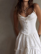 Retro Boho Corset Tiered Midi Dress With Lace-Trim