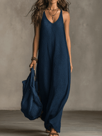 Bohemian Relaxed Sleeveless Wide-Leg Olive Knit Maxi Dress