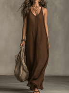 Bohemian Relaxed Sleeveless Wide-Leg Olive Knit Maxi Dress