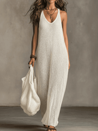 Bohemian Relaxed Sleeveless Wide-Leg Olive Knit Maxi Dress