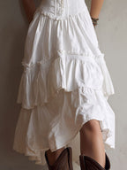 Retro Boho Corset Tiered Midi Dress With Lace-Trim